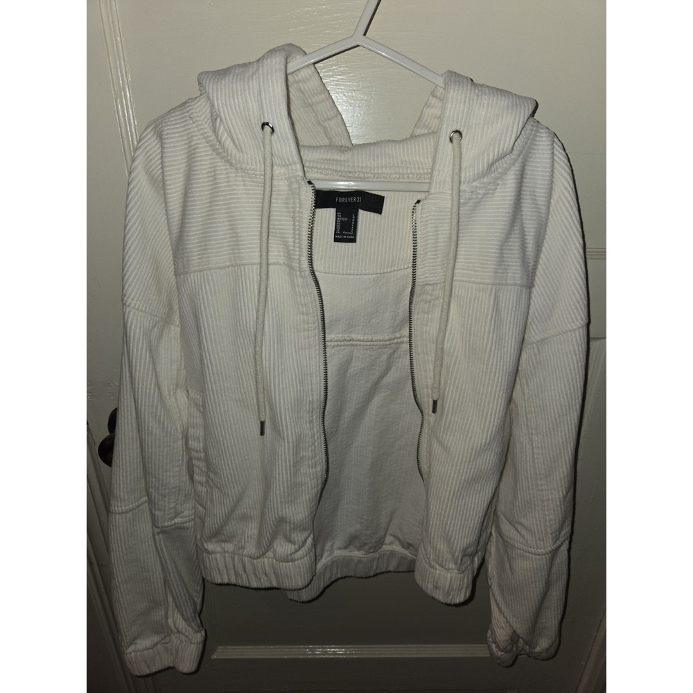 FOREVER 21 White Corduroy Zip Up Hoodie Jacket Women's Large Casual Cropped